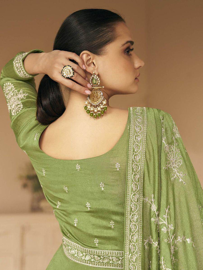 Sumptuous Green Thread Embroidery Silk Ready Made Gown With Dupatta