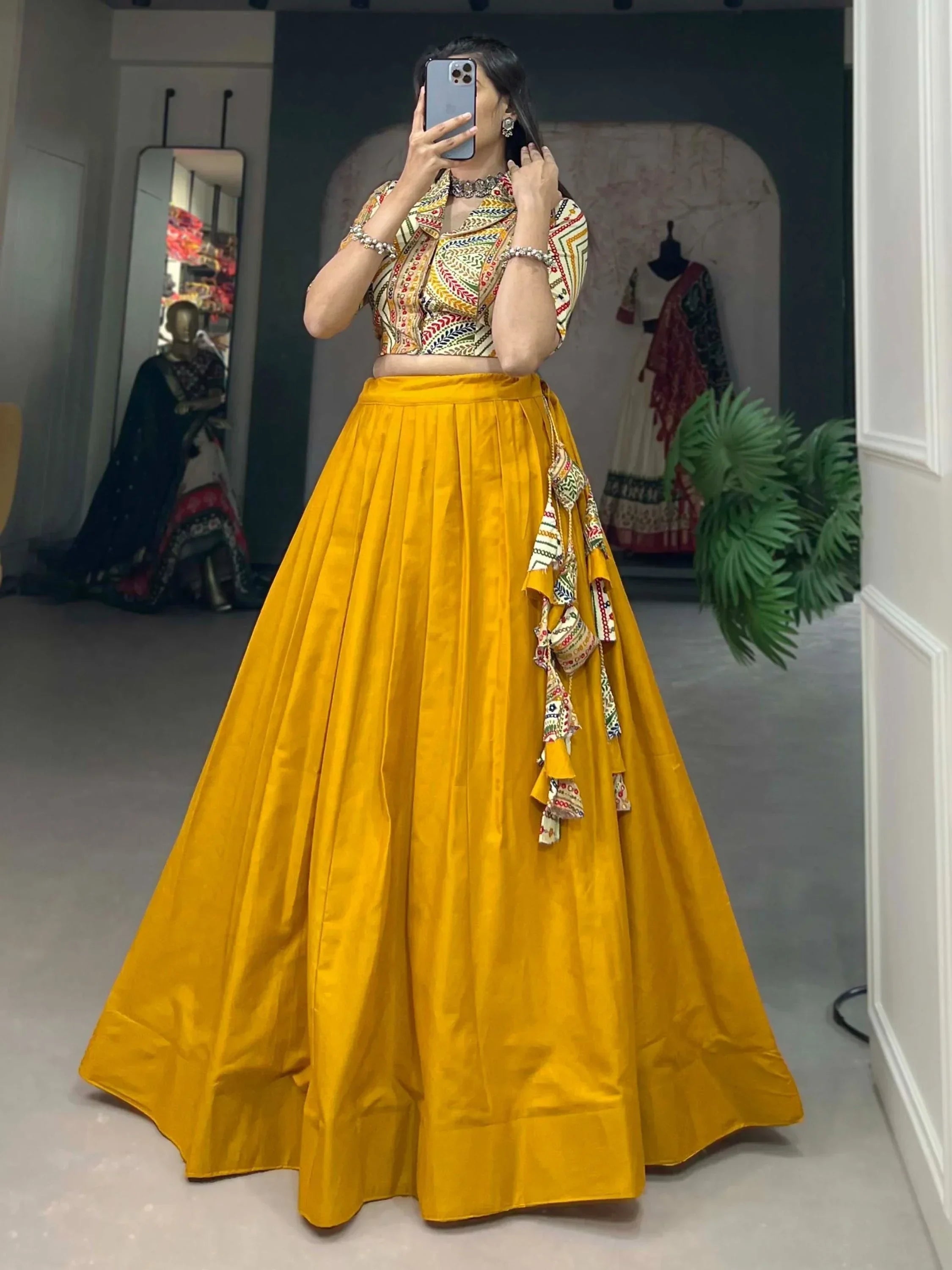 Wonderful Yellow Cotton Function Wear Crop Top Plain Lehenga