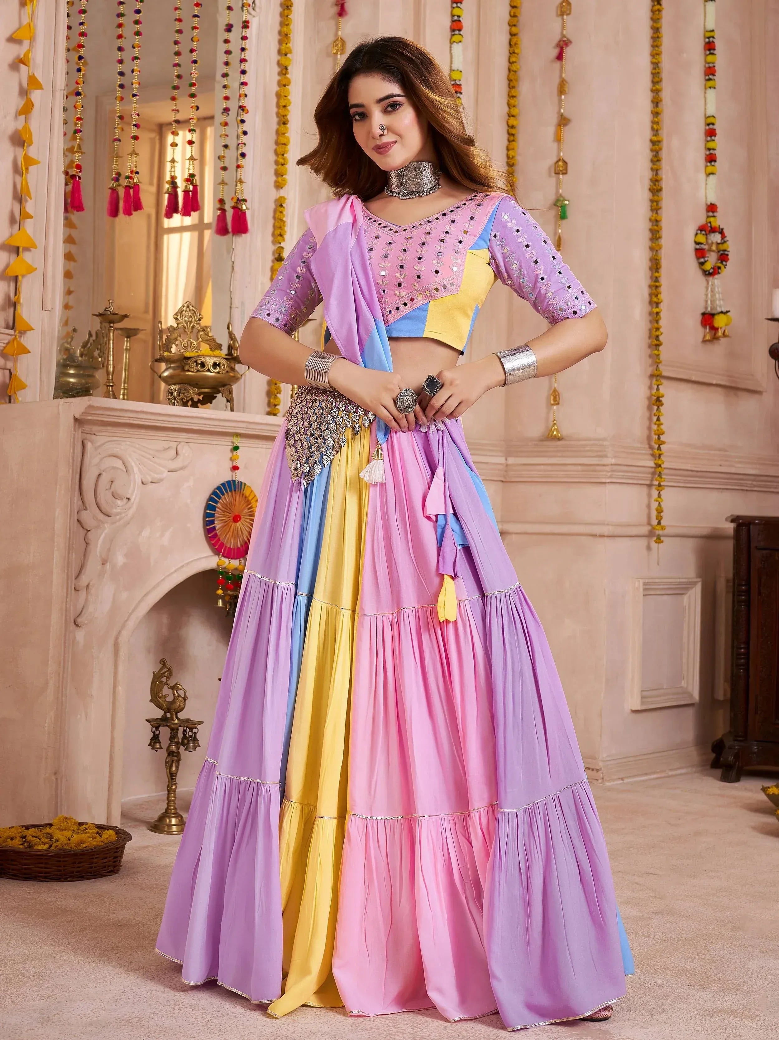 Colorful Indian lehenga choli with mirror work, perfect for festive occasions and weddings