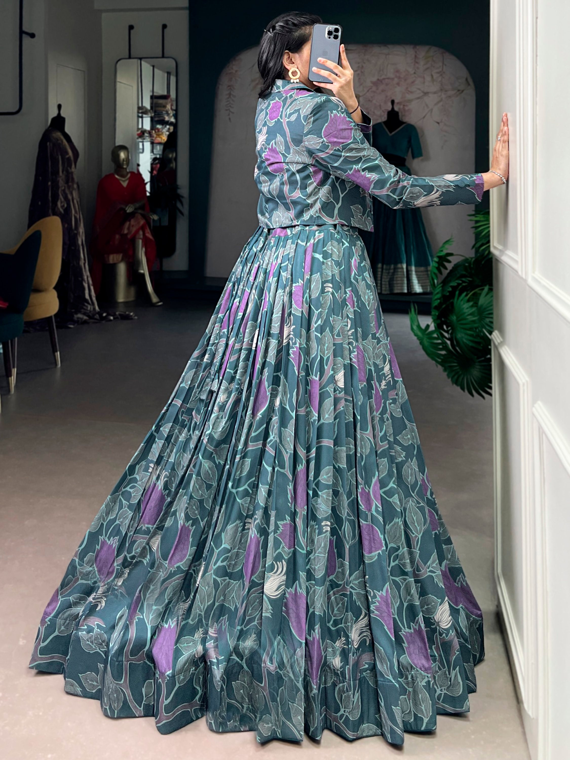 Stylish Teal Green Printed Silk Party Wear Crop Top Lehenga With Jacket