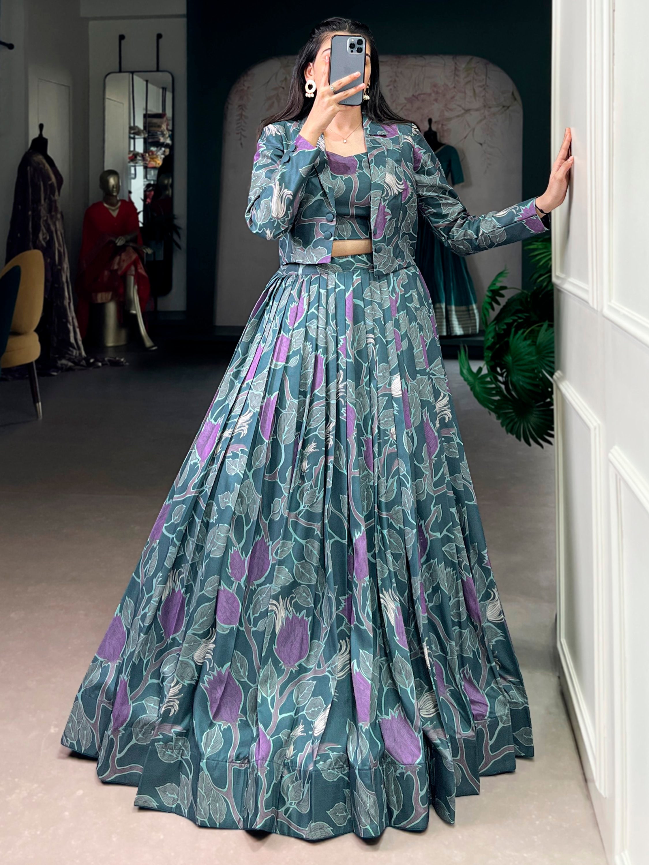 Stylish Teal Green Printed Silk Party Wear Crop Top Lehenga With Jacket