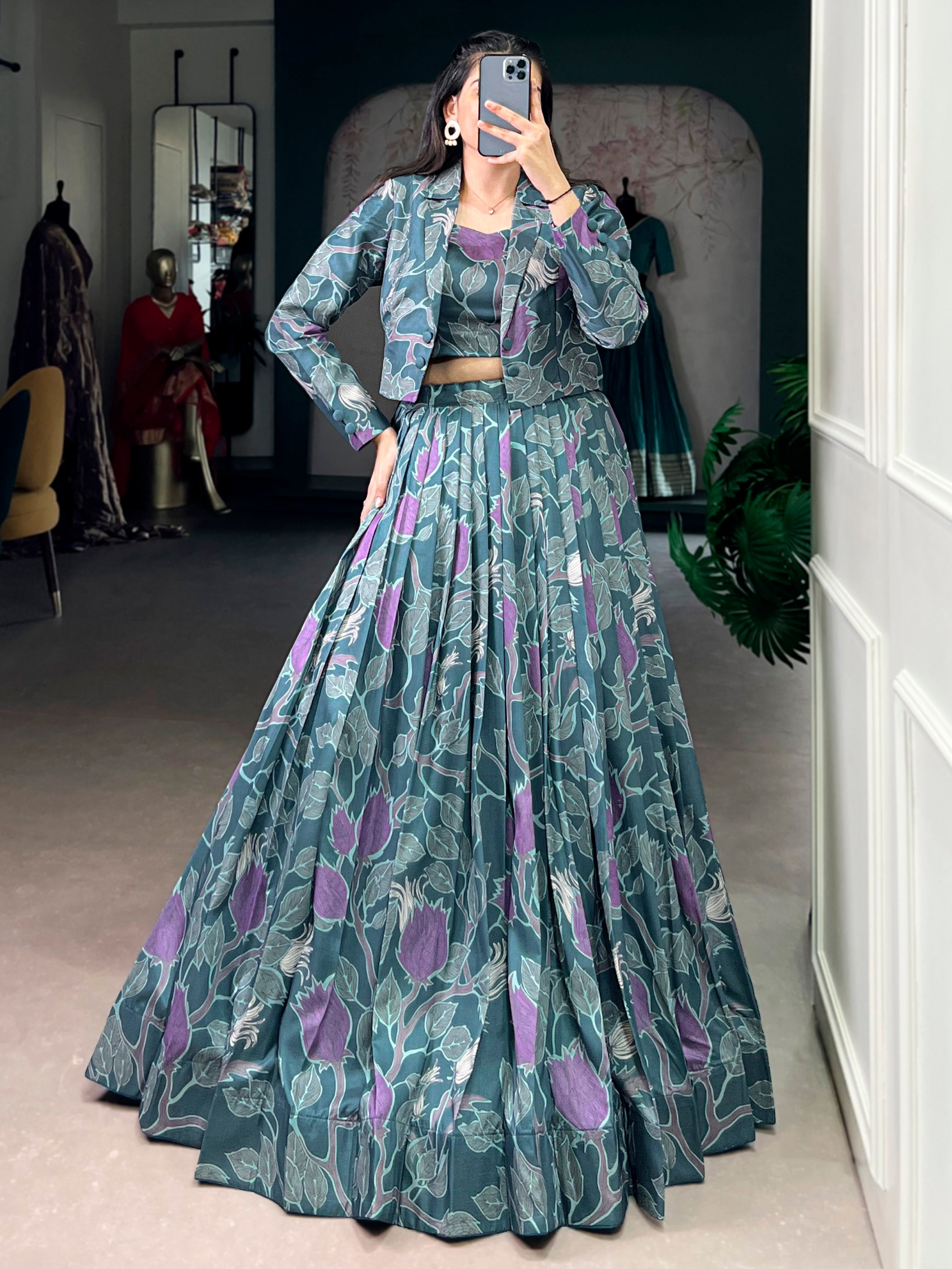 Stylish Teal Green Printed Silk Party Wear Crop Top Lehenga With Jacket