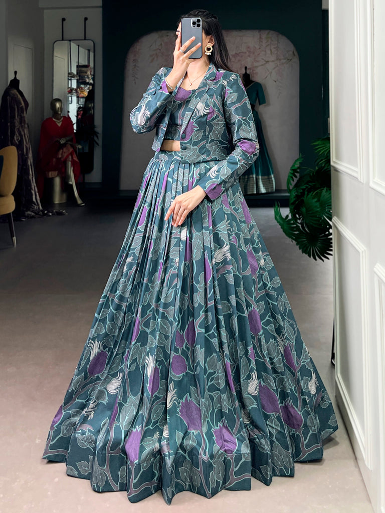 Stylish Teal Green Printed Silk Party Wear Crop Top Lehenga With Jacket