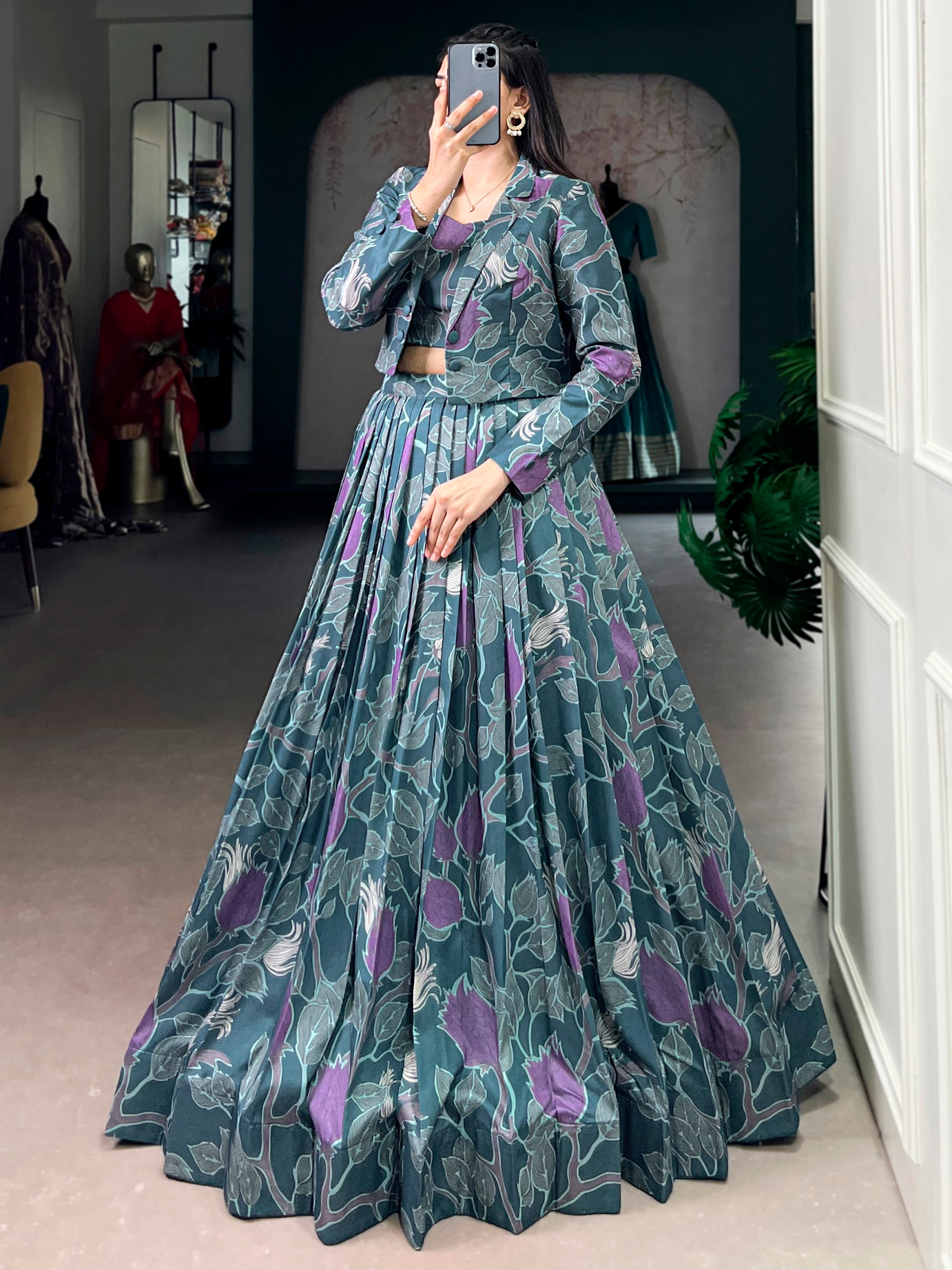 Stylish Teal Green Printed Silk Party Wear Crop Top Lehenga With Jacket