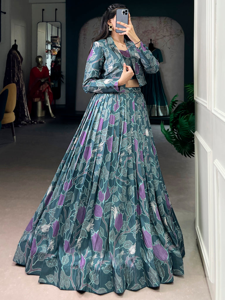 Stylish Teal Green Printed Silk Party Wear Crop Top Lehenga With Jacket