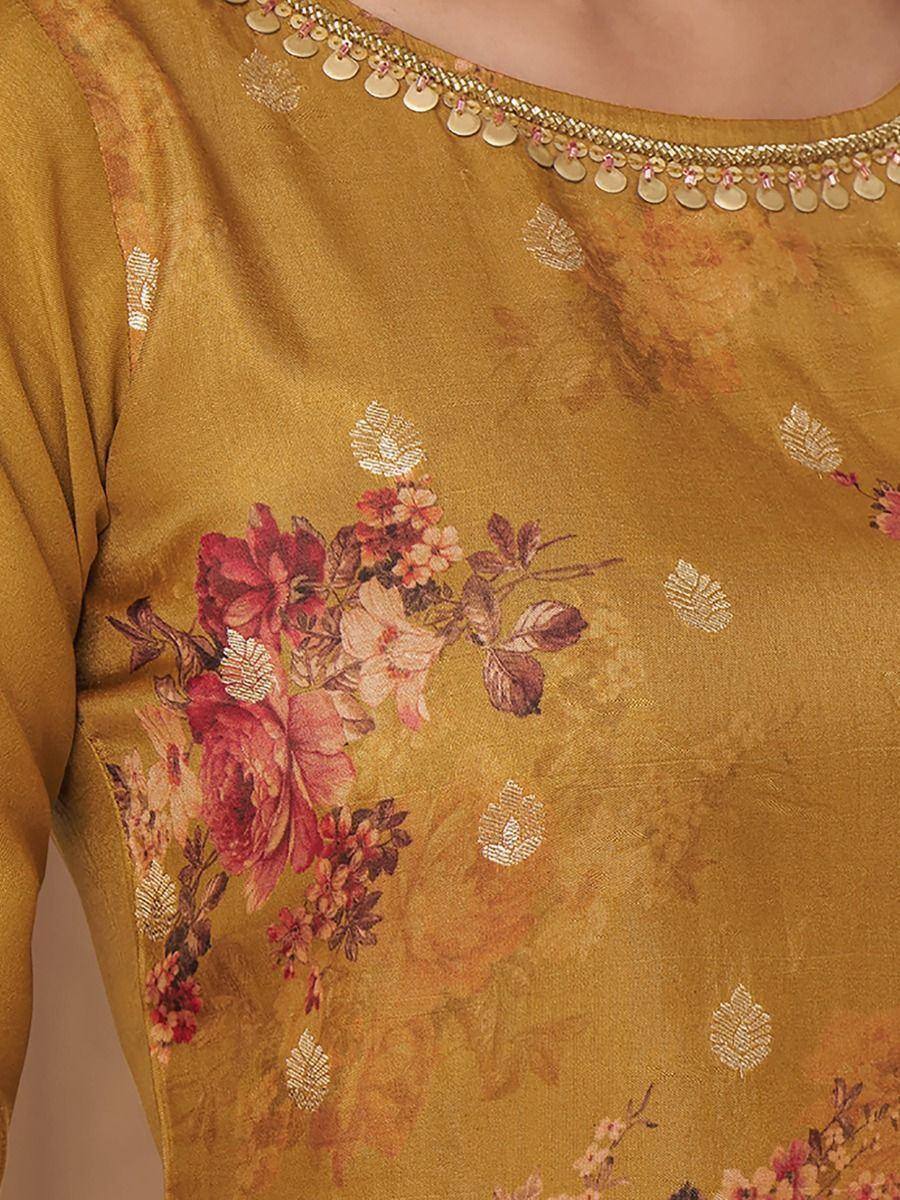 Mustard yellow ethnic blouse with floral print, golden embroidery, and decorative neckline