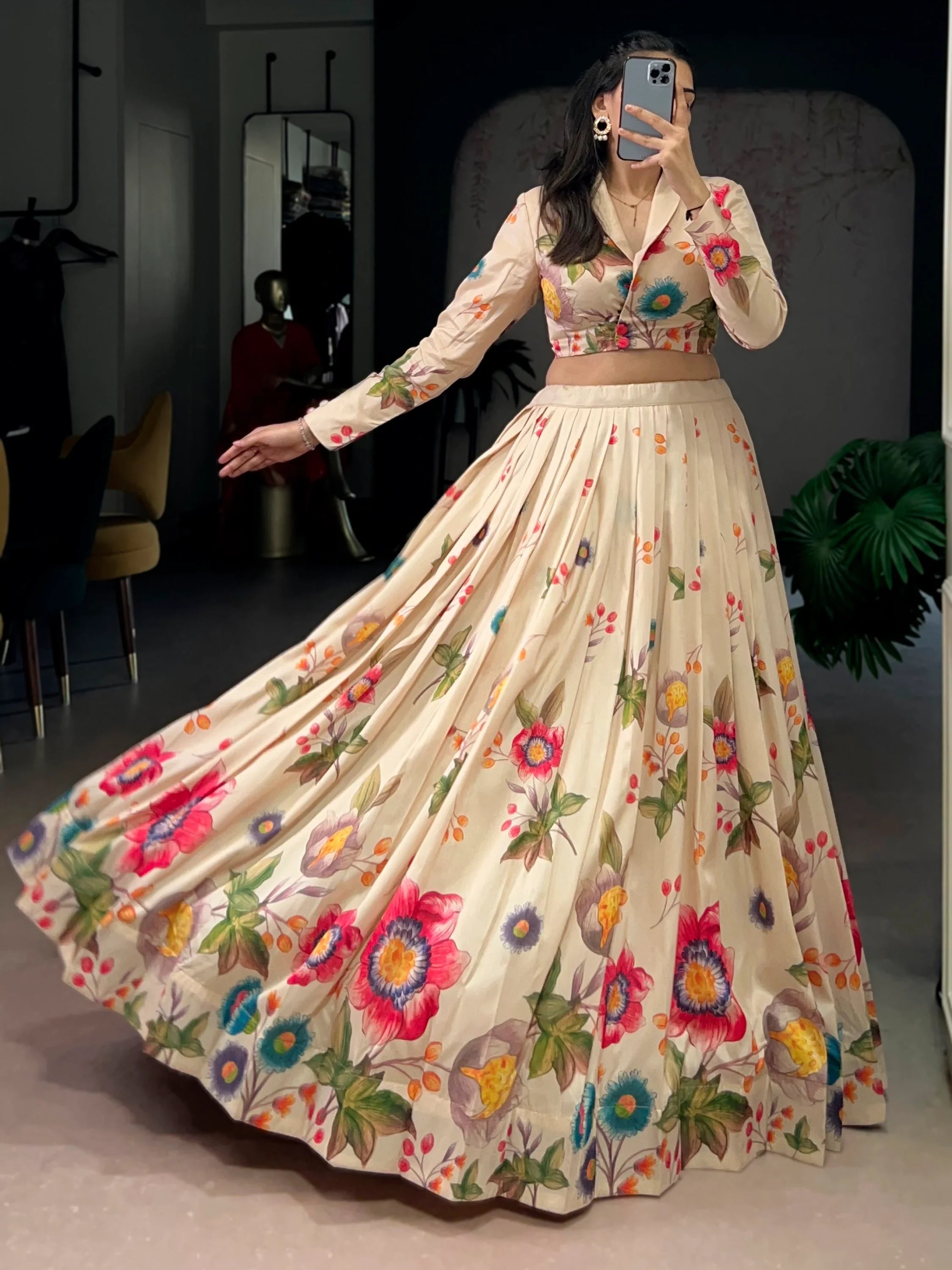 Lovely Beige Floral Printed Tussar Silk Party Wear Crop Top Lehenga