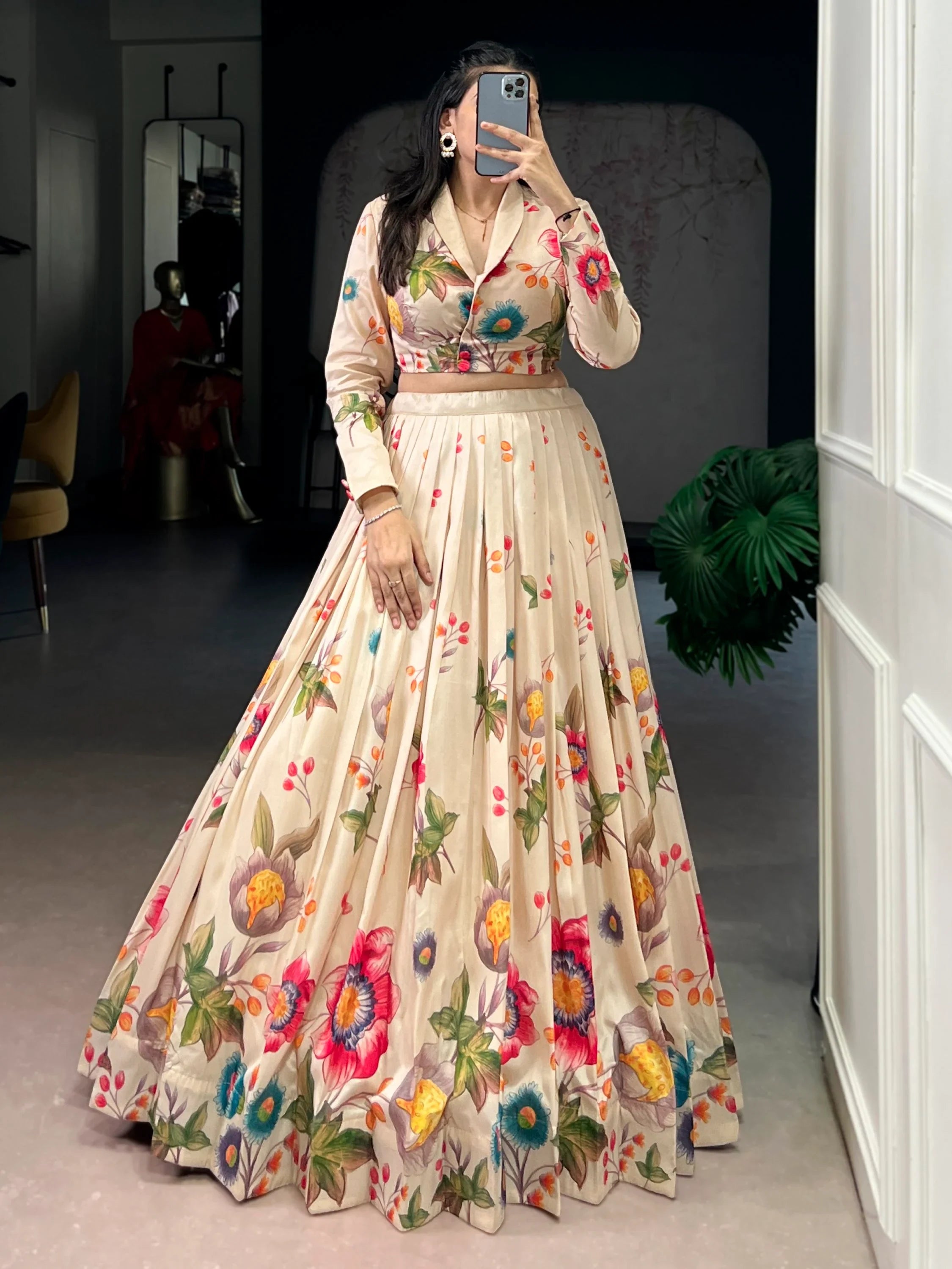 Lovely Beige Floral Printed Tussar Silk Party Wear Crop Top Lehenga