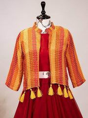Exotic Red Plain Georgette Indo-Western Lehenga Choli With Koti