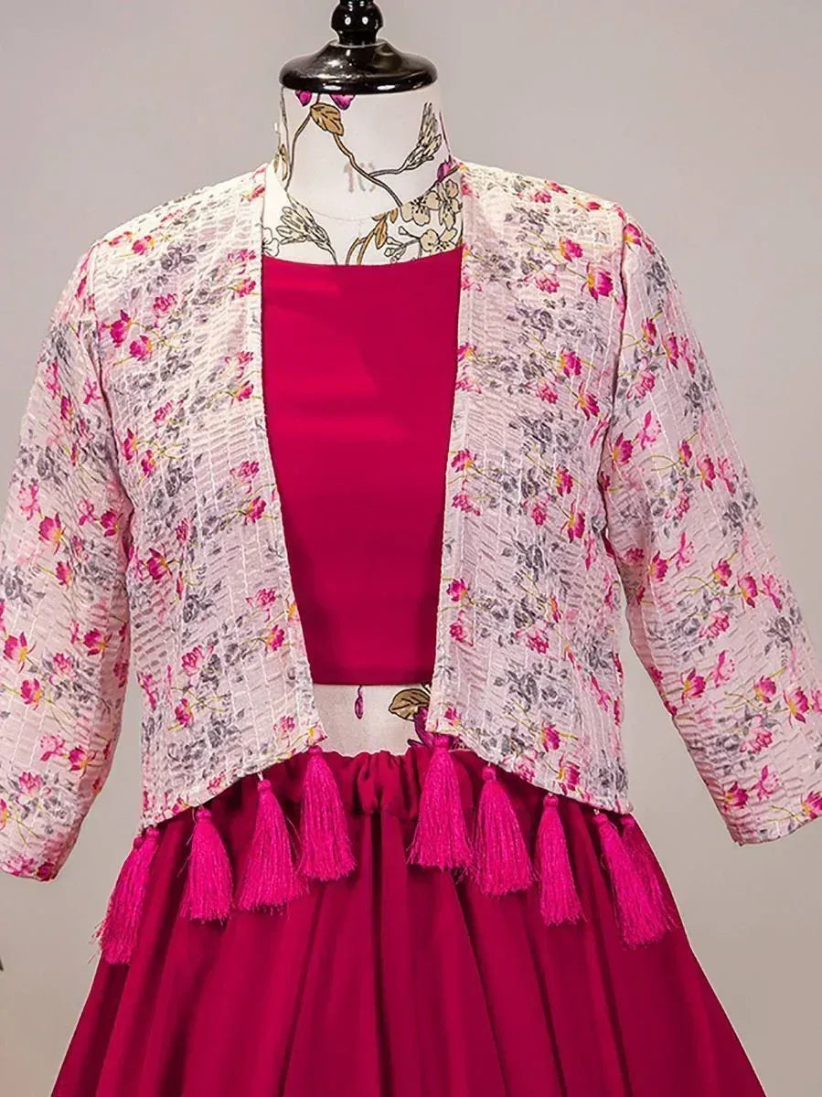 Pink floral jacket with tassels over magenta lehenga choli, Indian ethnic wear