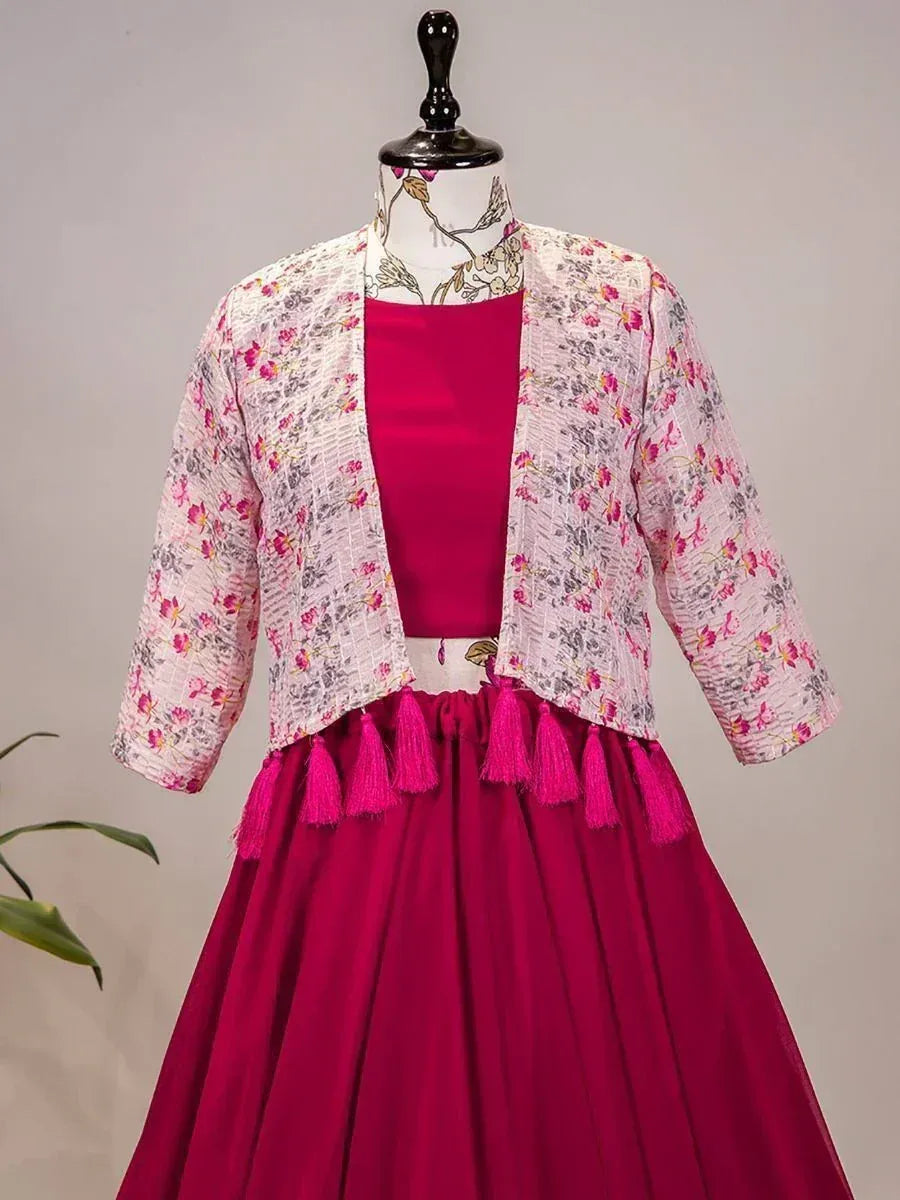 Pink floral jacket with tassel hem over magenta lehenga choli, Indian ethnic wear