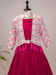 Tropical Pink Plain Georgette Indo-Western Lehenga Choli With Koti