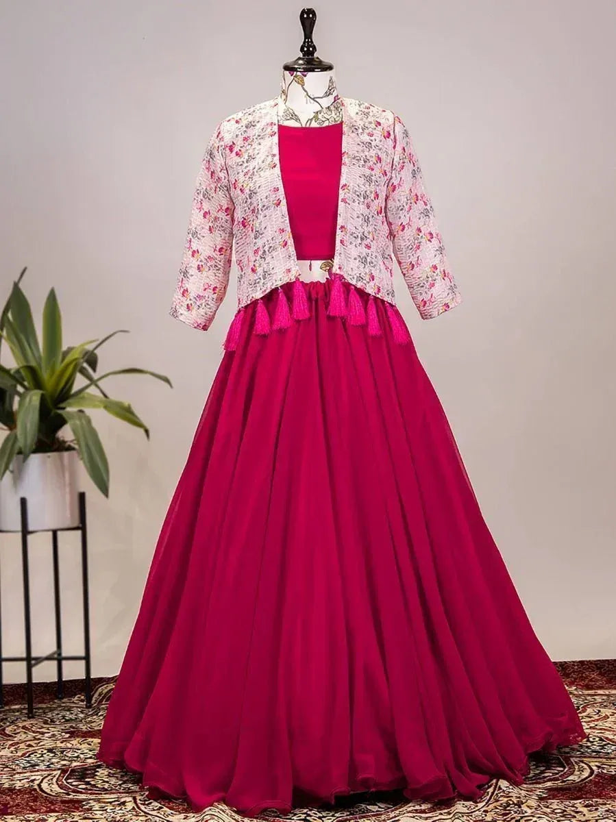 Fuchsia lehenga choli with floral jacket and tassels, Indian ethnic wear for women