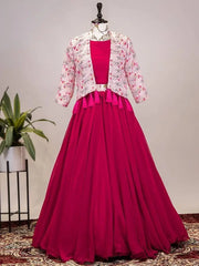 Tropical Pink Plain Georgette Indo-Western Lehenga Choli With Koti