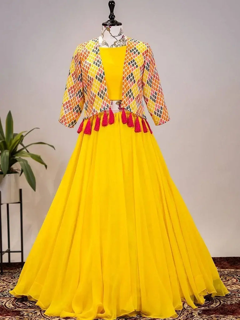 Enchanting Yellow Plain Georgette Indo-Western Lehenga Choli With Koti