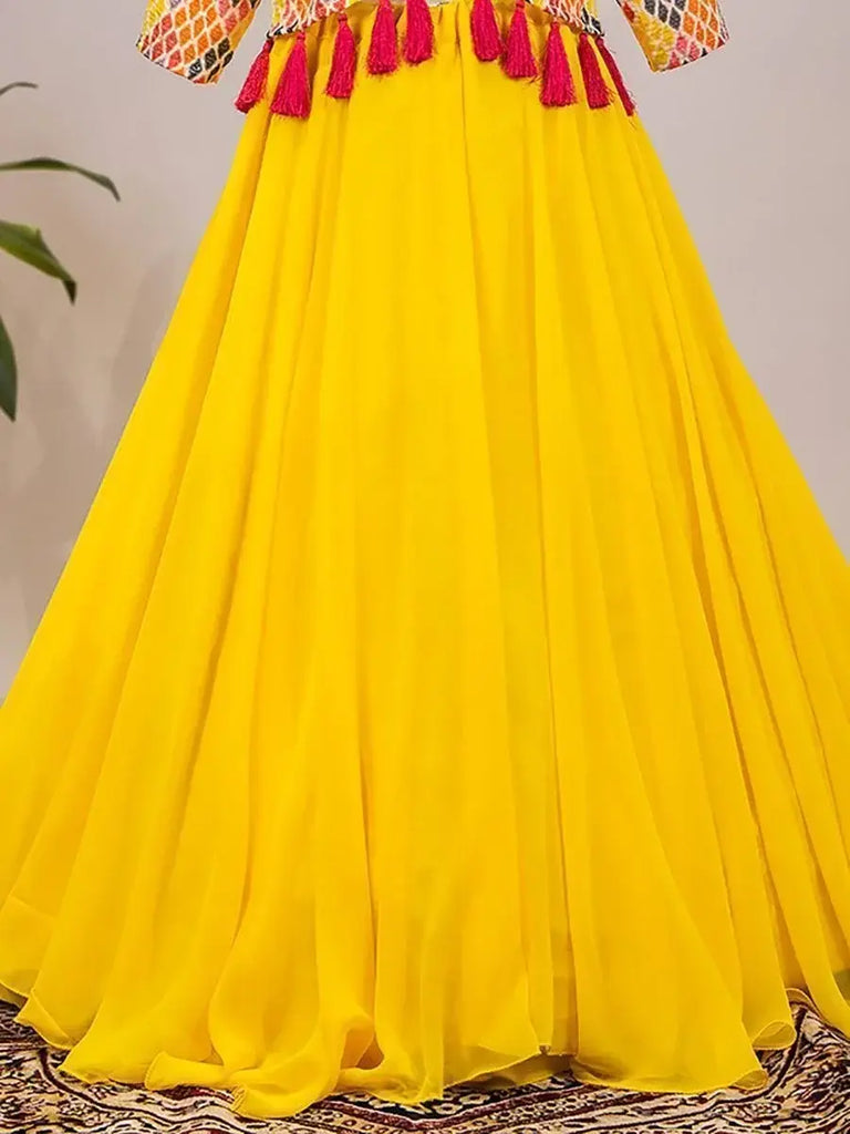 Enchanting Yellow Plain Georgette Indo-Western Lehenga Choli With Koti