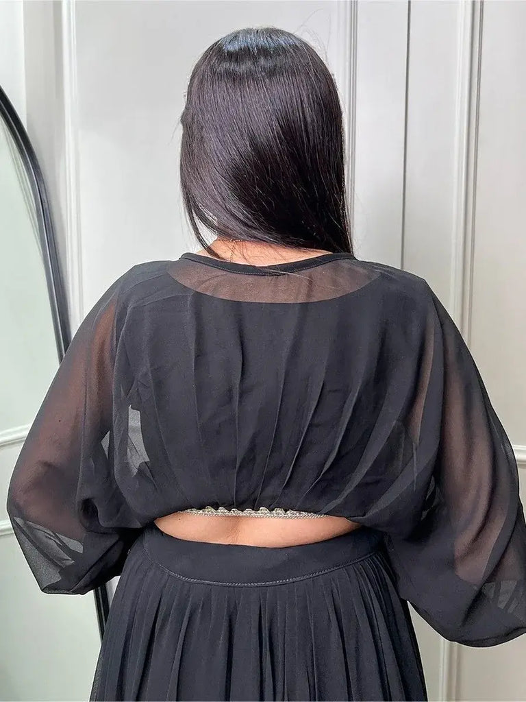 Wonderful Black Embroidered Georgette Party Wear Crop Top Lehenga