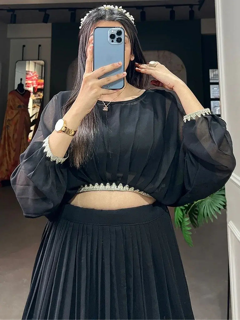 Wonderful Black Embroidered Georgette Party Wear Crop Top Lehenga