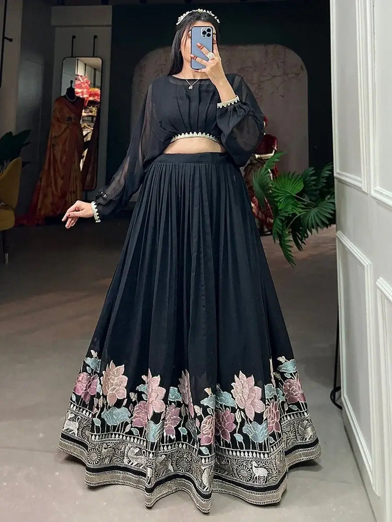 Wonderful Black Embroidered Georgette Party Wear Crop Top Lehenga