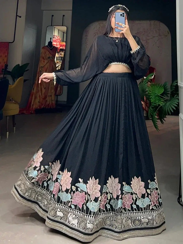 Wonderful Black Embroidered Georgette Party Wear Crop Top Lehenga