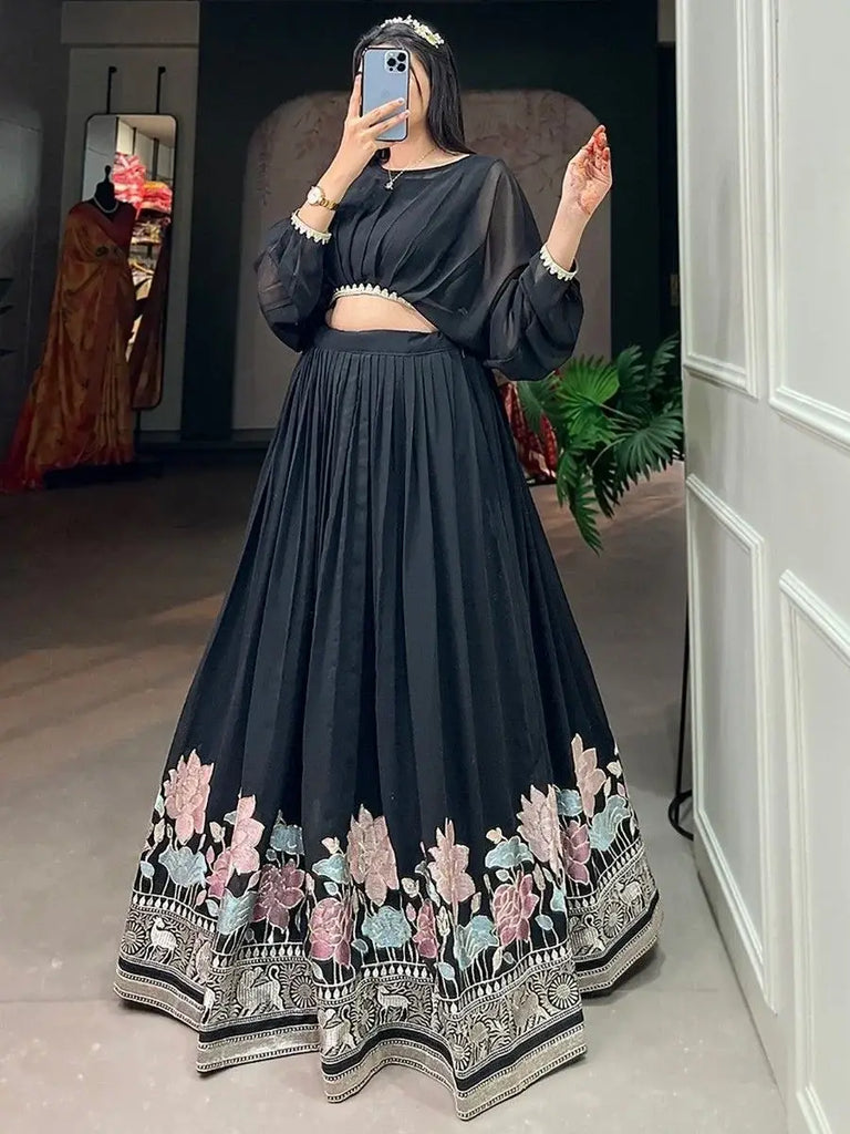 Wonderful Black Embroidered Georgette Party Wear Crop Top Lehenga
