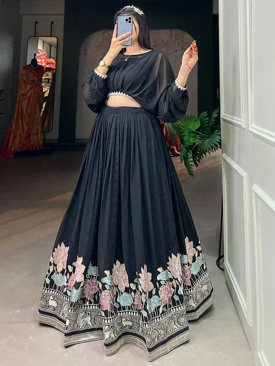 Black floral embroidered lehenga choli with sheer blouse, perfect for Indian ethnic occasions