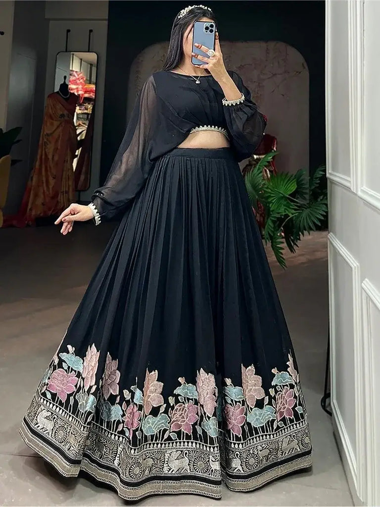 Wonderful Black Embroidered Georgette Party Wear Crop Top Lehenga