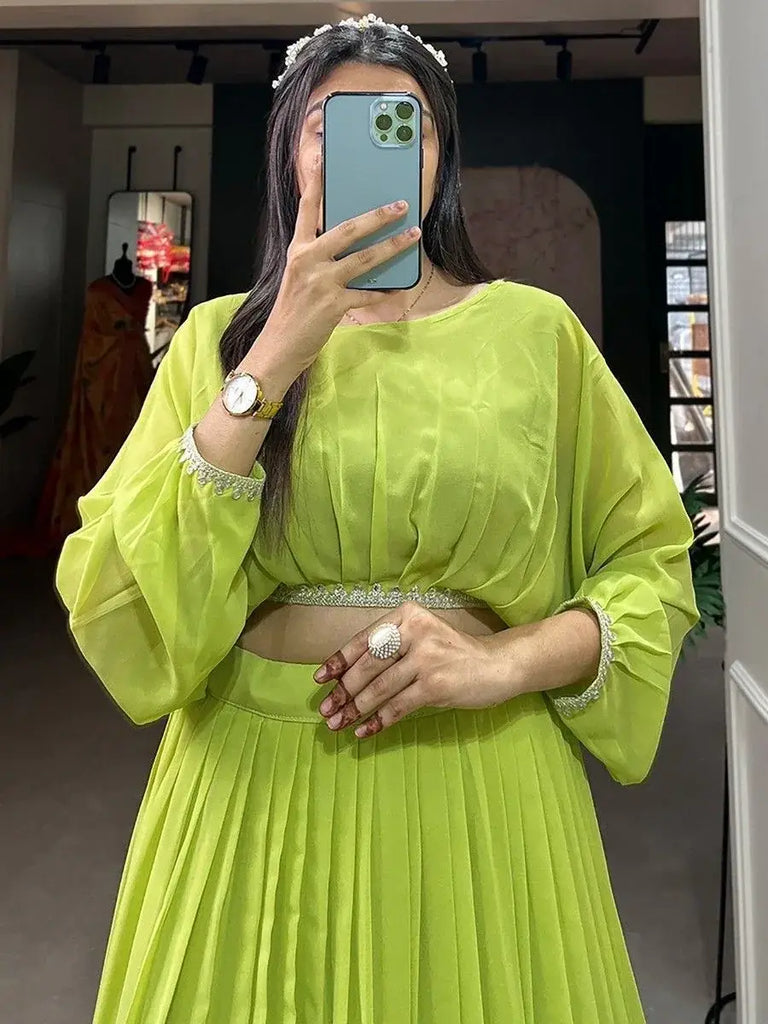 Attractive Green Embroidered Georgette Festival Wear Crop Top Lehenga