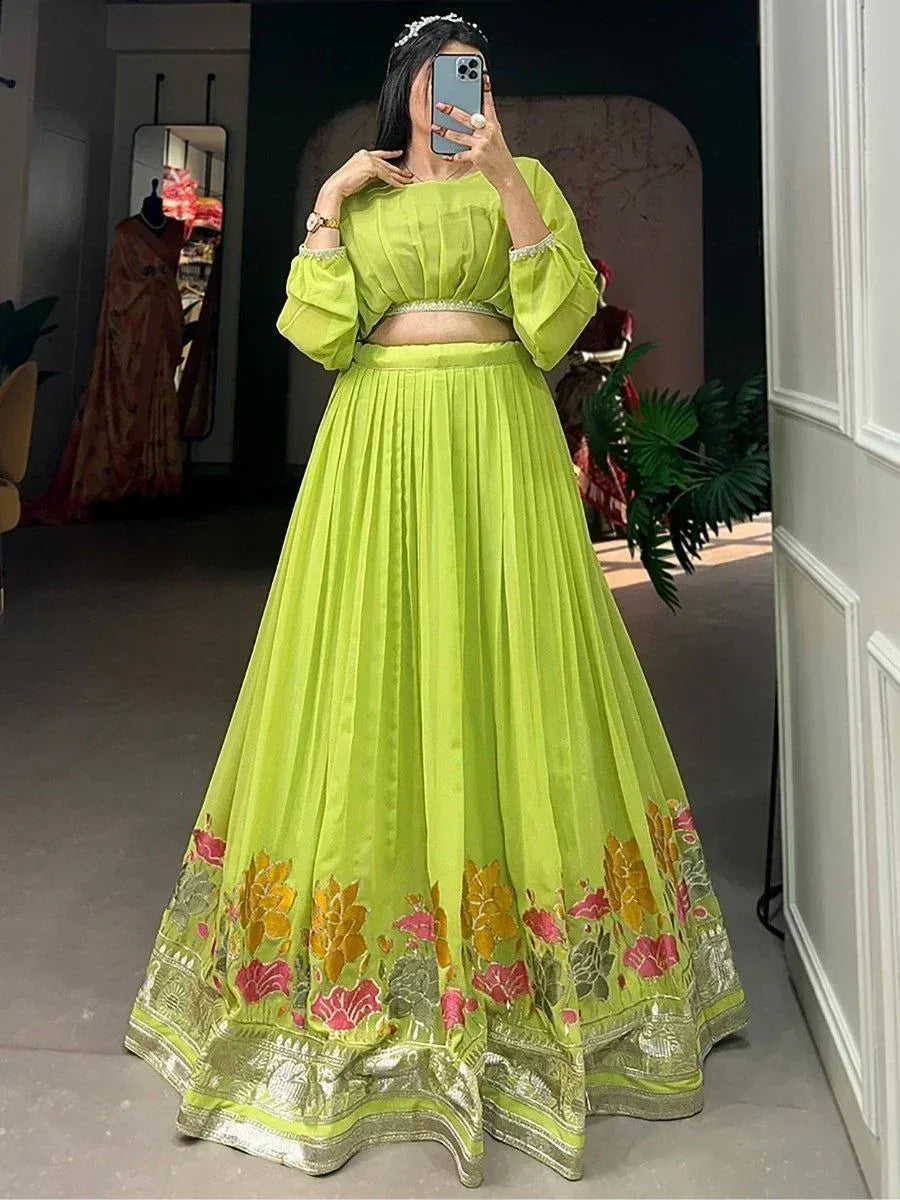 Vibrant lime green lehenga choli with floral embroidery, perfect for Indian ethnic occasions and festive wear.