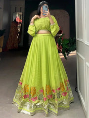 Attractive Green Embroidered Georgette Festival Wear Crop Top Lehenga