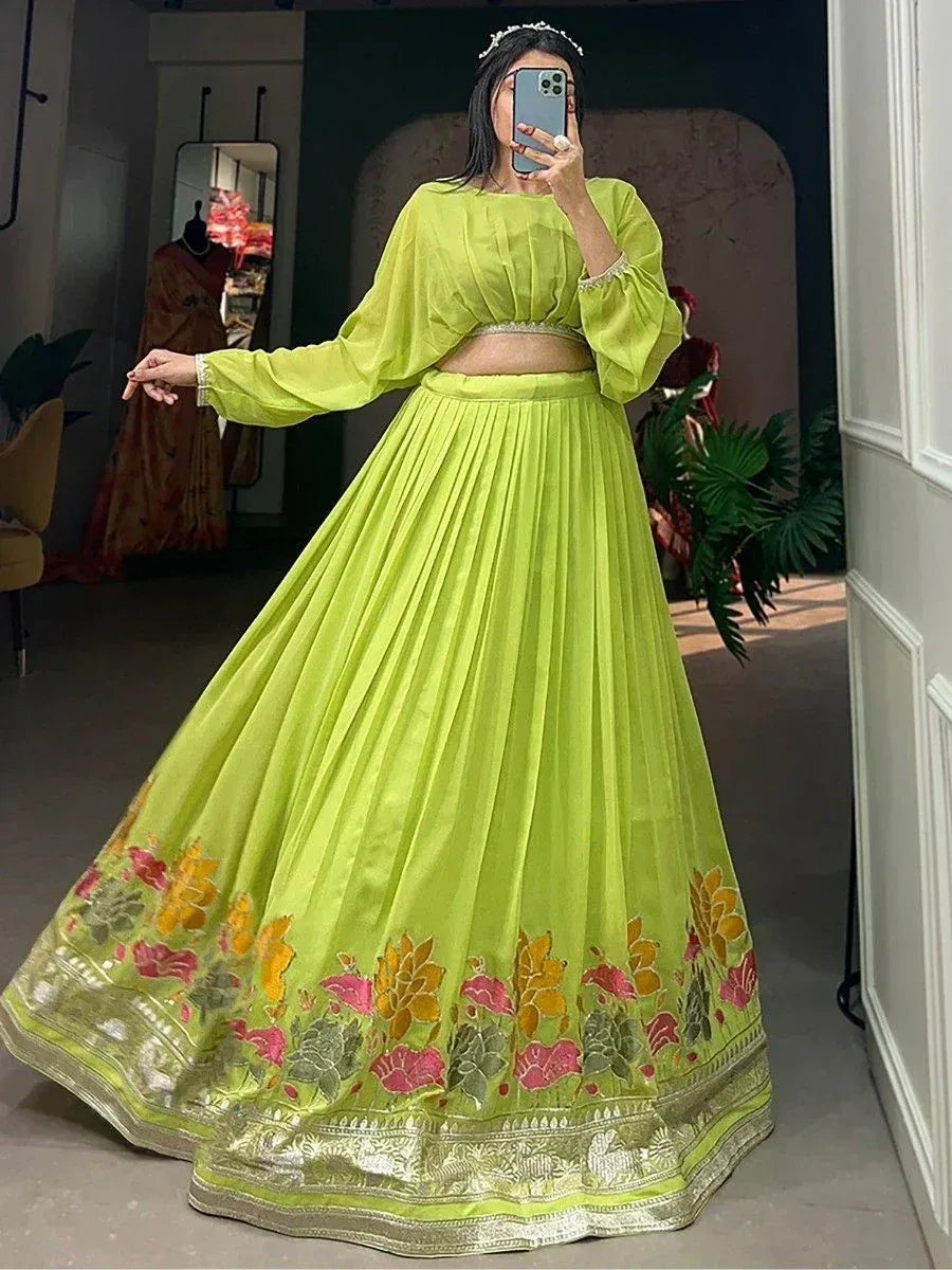 Lime green floral lehenga choli with silver border, perfect for Indian ethnic wear events