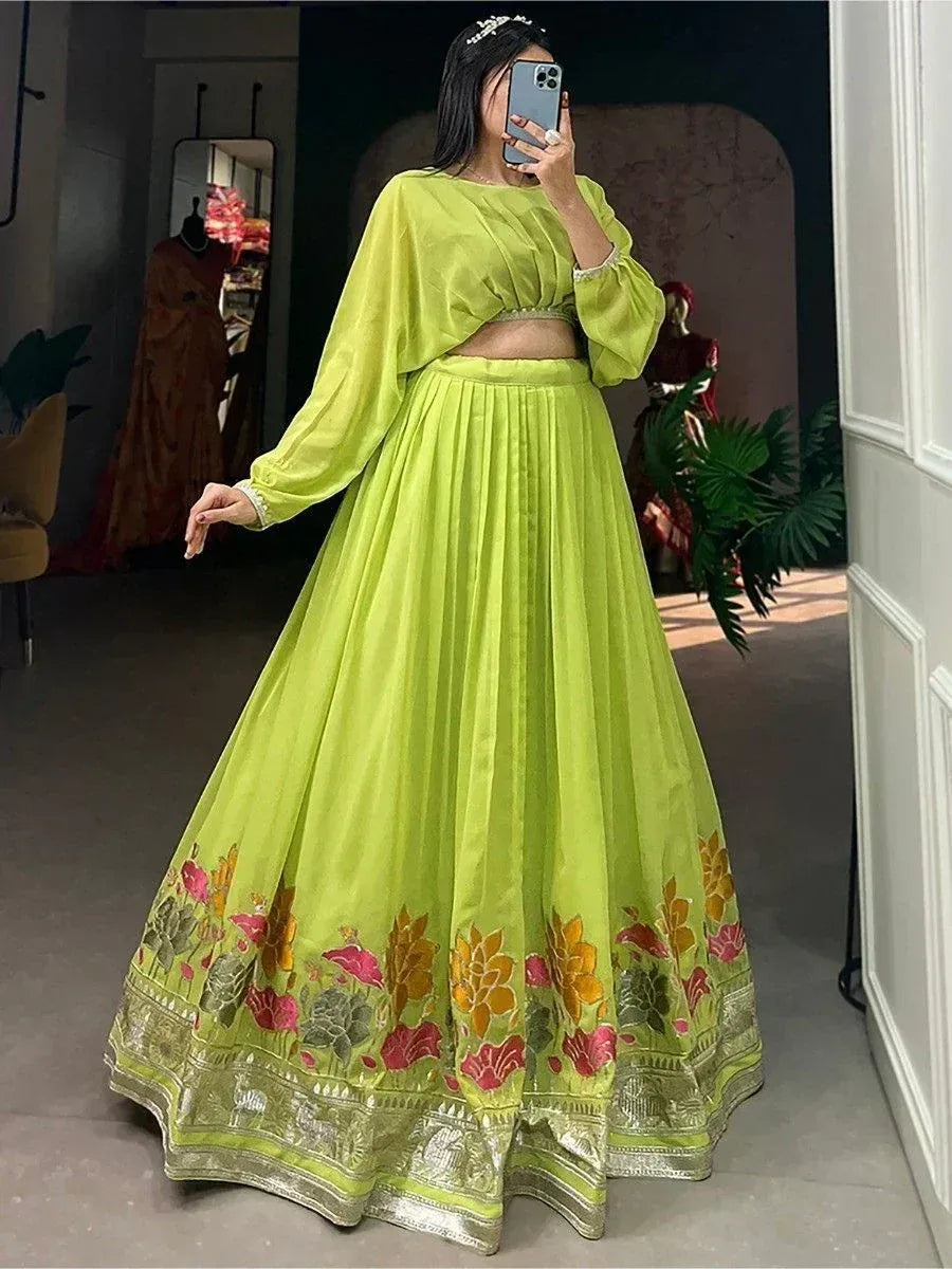 Lime green lehenga choli with floral embroidery, perfect for Indian ethnic wear and festive occasions