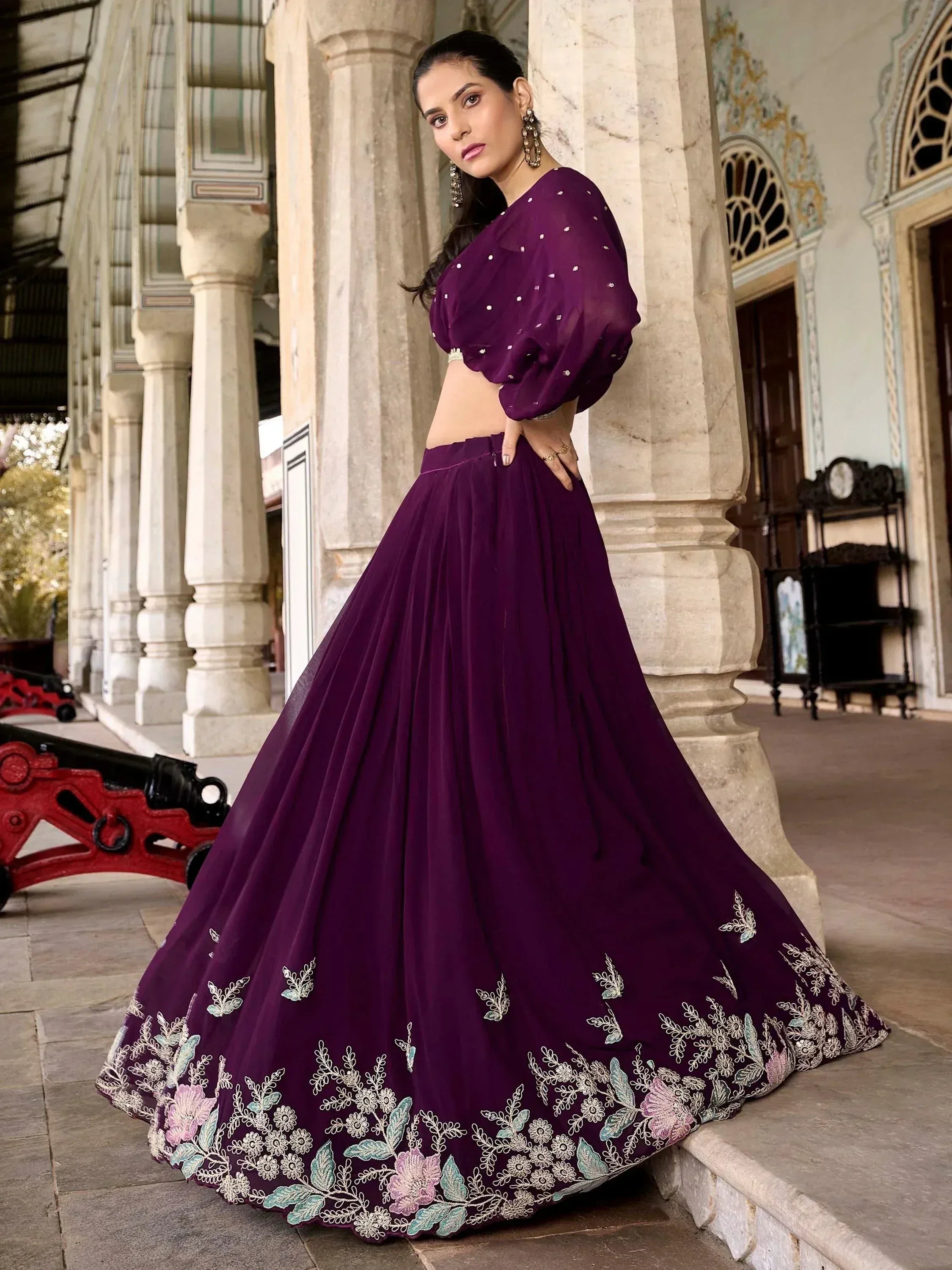 Purple designer lehenga choli with floral embroidery, perfect for Indian ethnic wear occasions