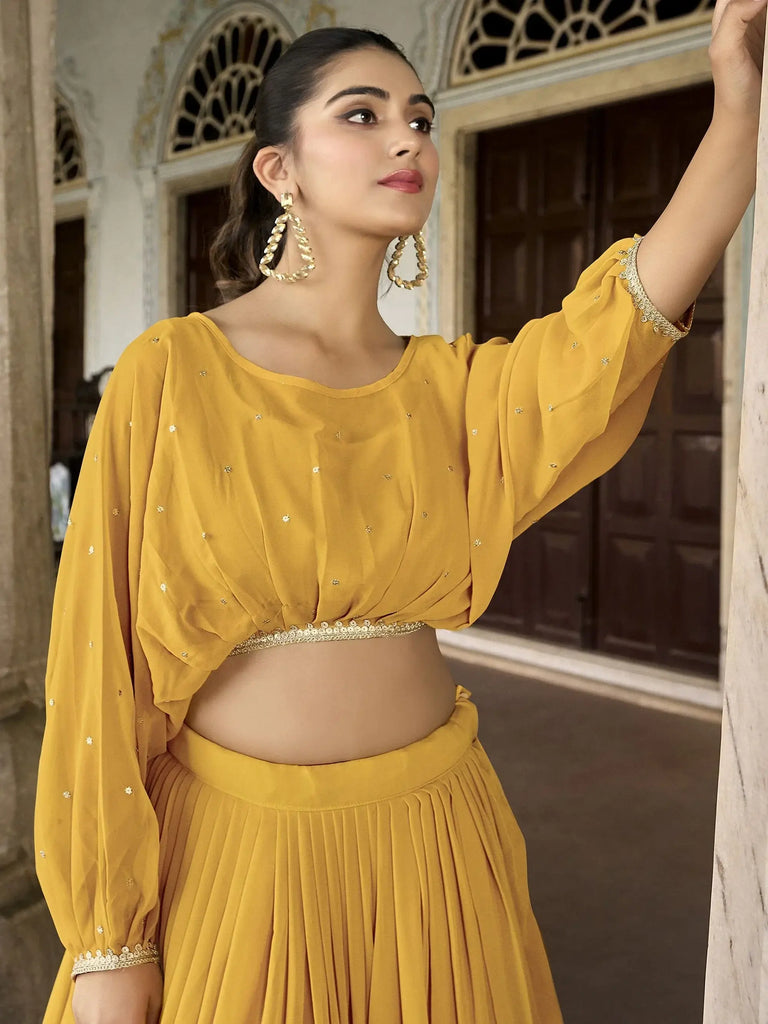 Beautiful Yellow Embroidered Georgette Haldi Wear Crop Top Lehenga