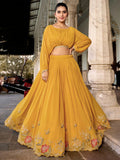Beautiful Yellow Embroidered Georgette Haldi Wear Crop Top Lehenga