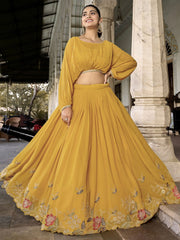 Beautiful Yellow Embroidered Georgette Haldi Wear Crop Top Lehenga
