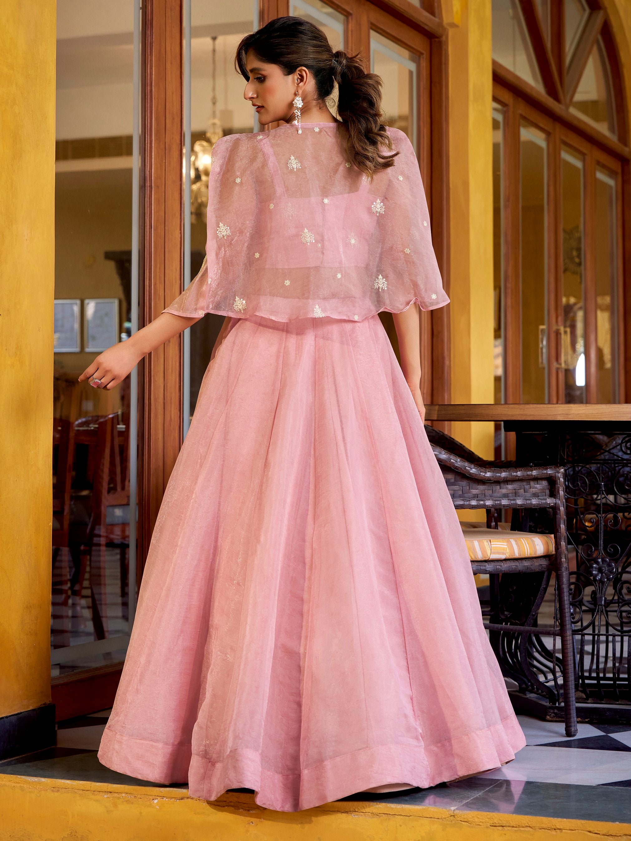 Stylish Pink Embroidered Crushed Party Wear Crop Top Lehenga With Koti