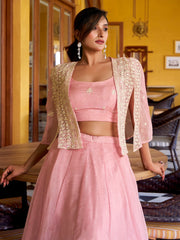 Stylish Pink Embroidered Crushed Party Wear Crop Top Lehenga With Koti