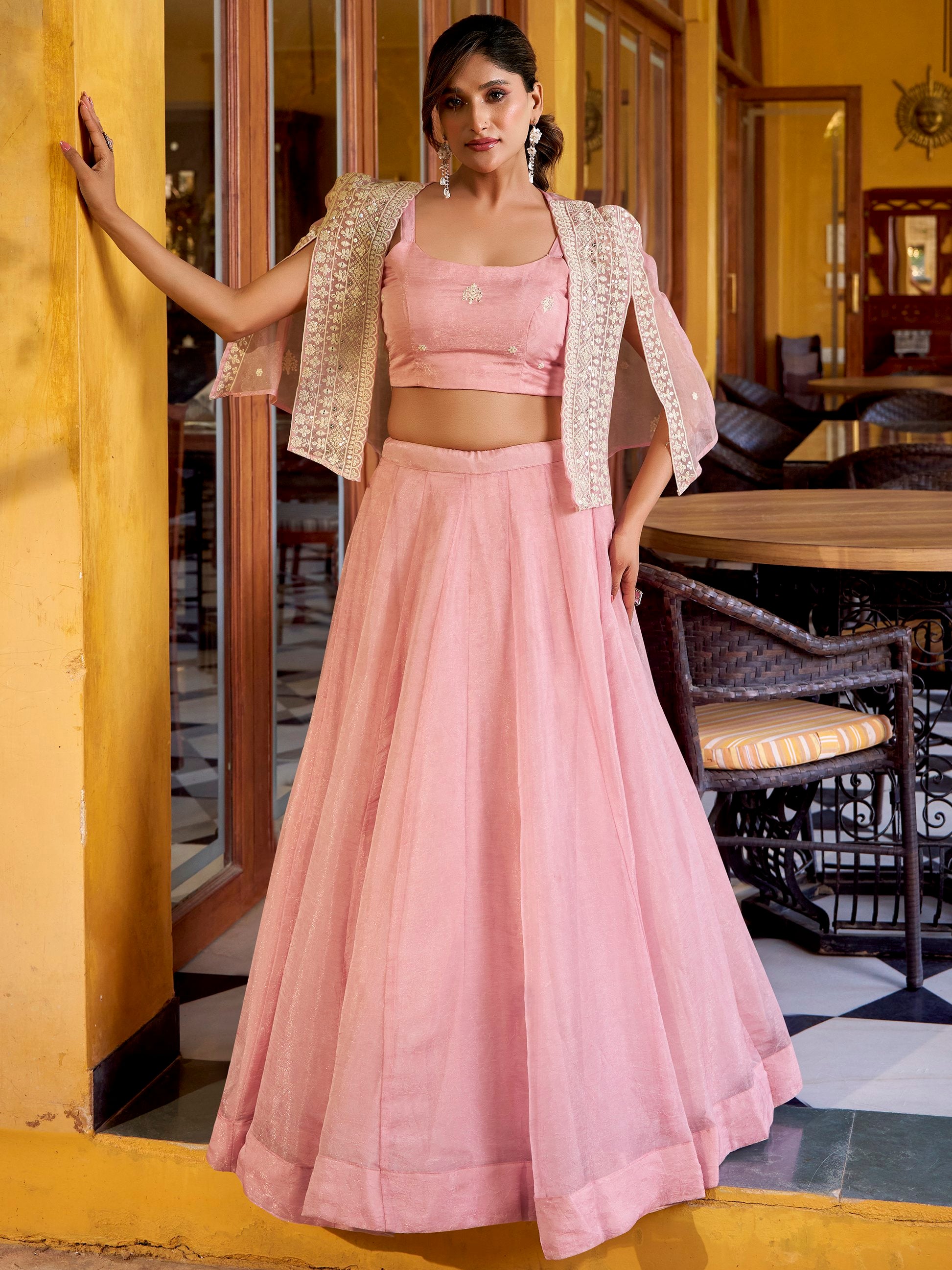 Stylish Pink Embroidered Crushed Party Wear Crop Top Lehenga With Koti