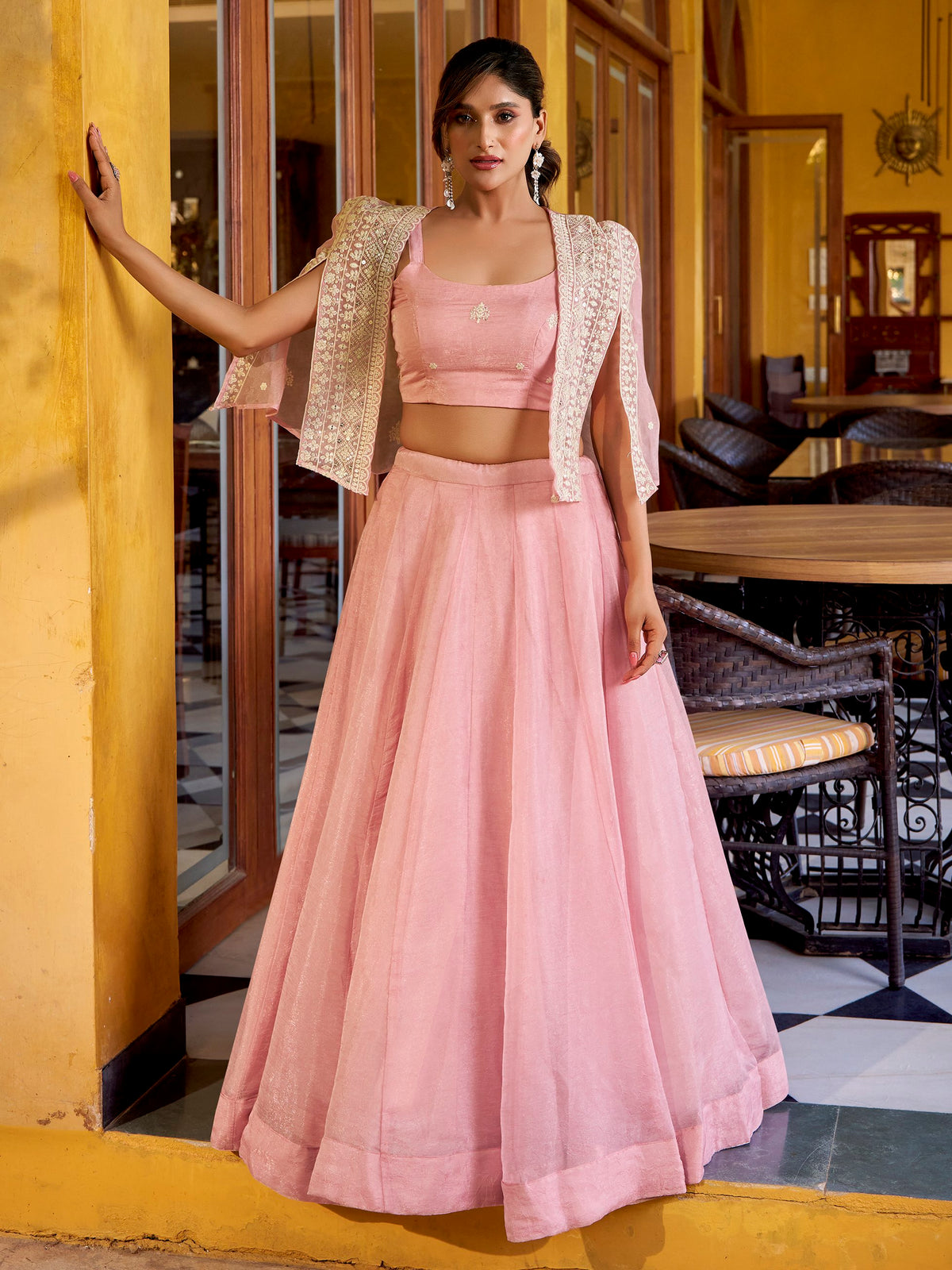 Stylish Pink Embroidered Crushed Party Wear Crop Top Lehenga With Koti