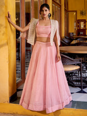 Stylish Pink Embroidered Crushed Party Wear Crop Top Lehenga With Koti