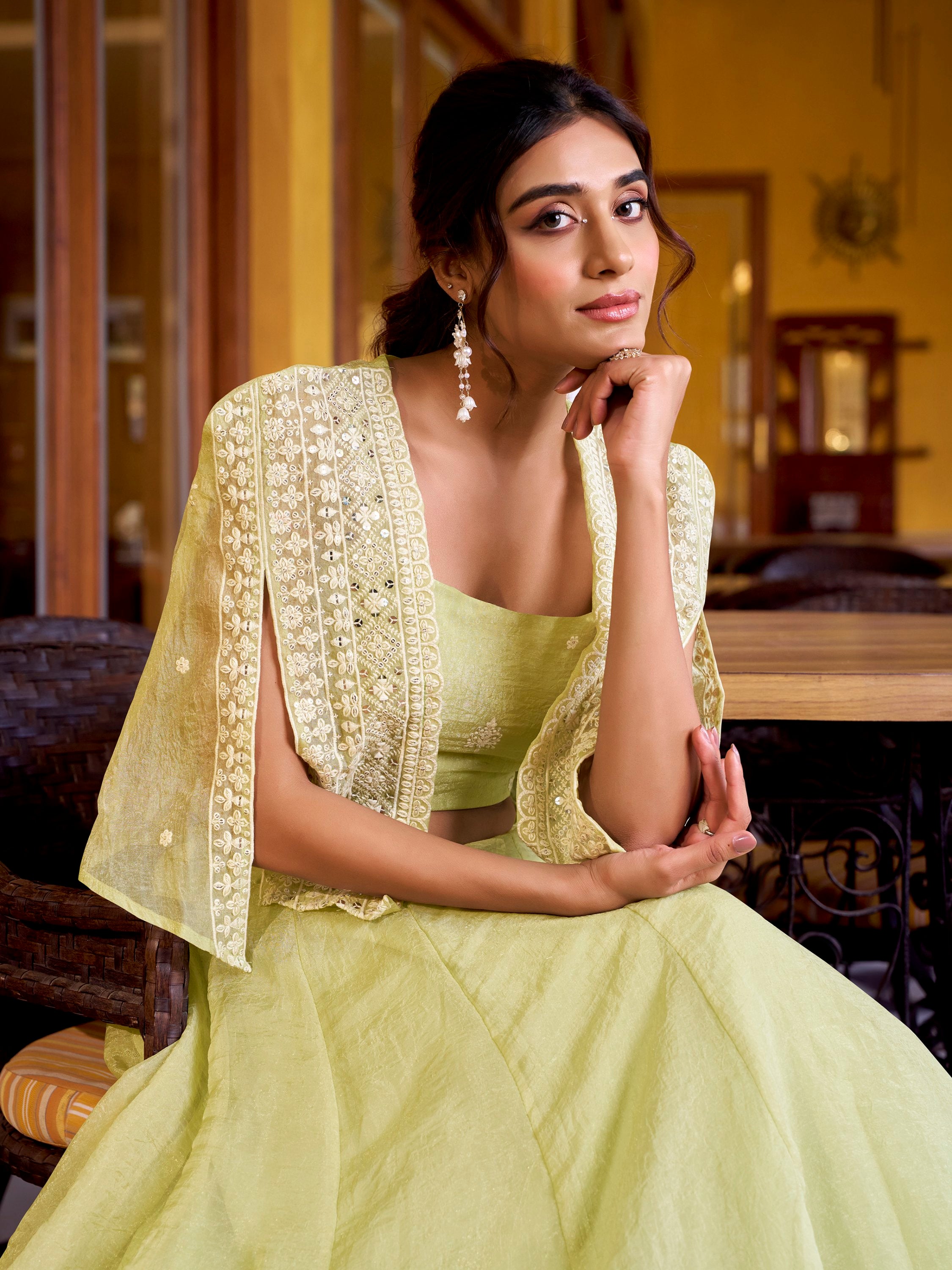 Radiant Pista Green Crushed Crop Top Lehenga With Thread Work Koti