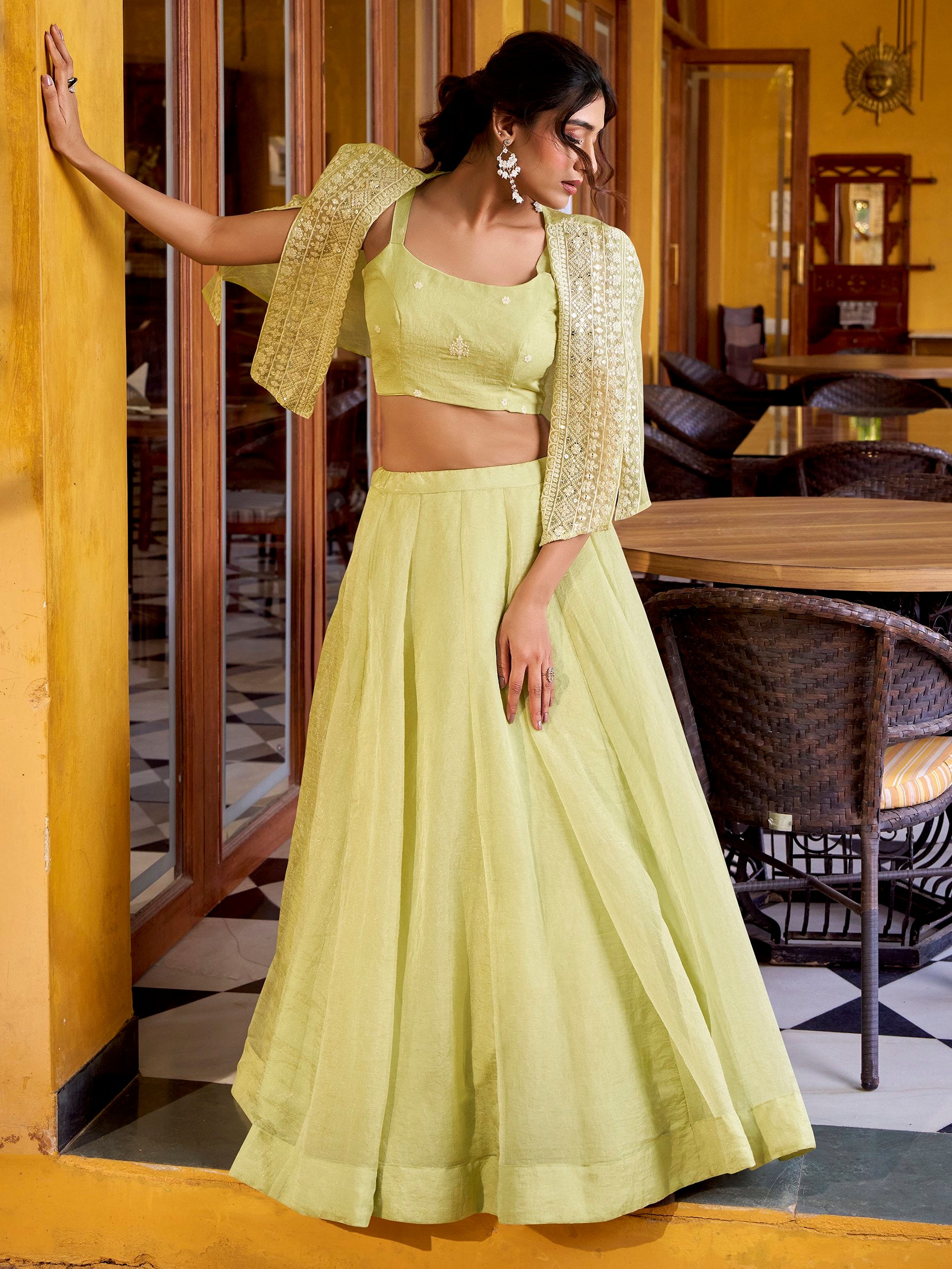Radiant Pista Green Crushed Crop Top Lehenga With Thread Work Koti