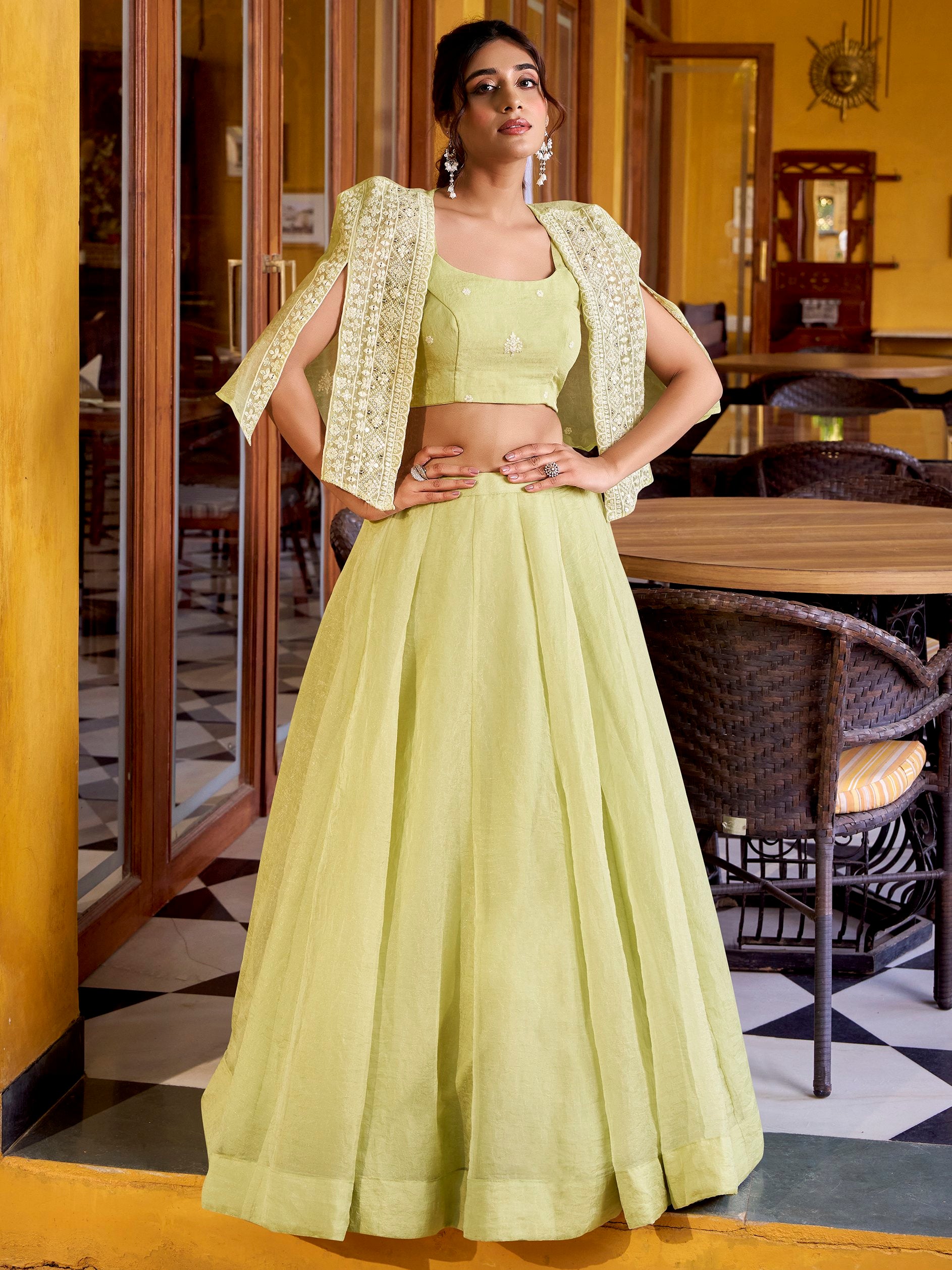 Radiant Pista Green Crushed Crop Top Lehenga With Thread Work Koti