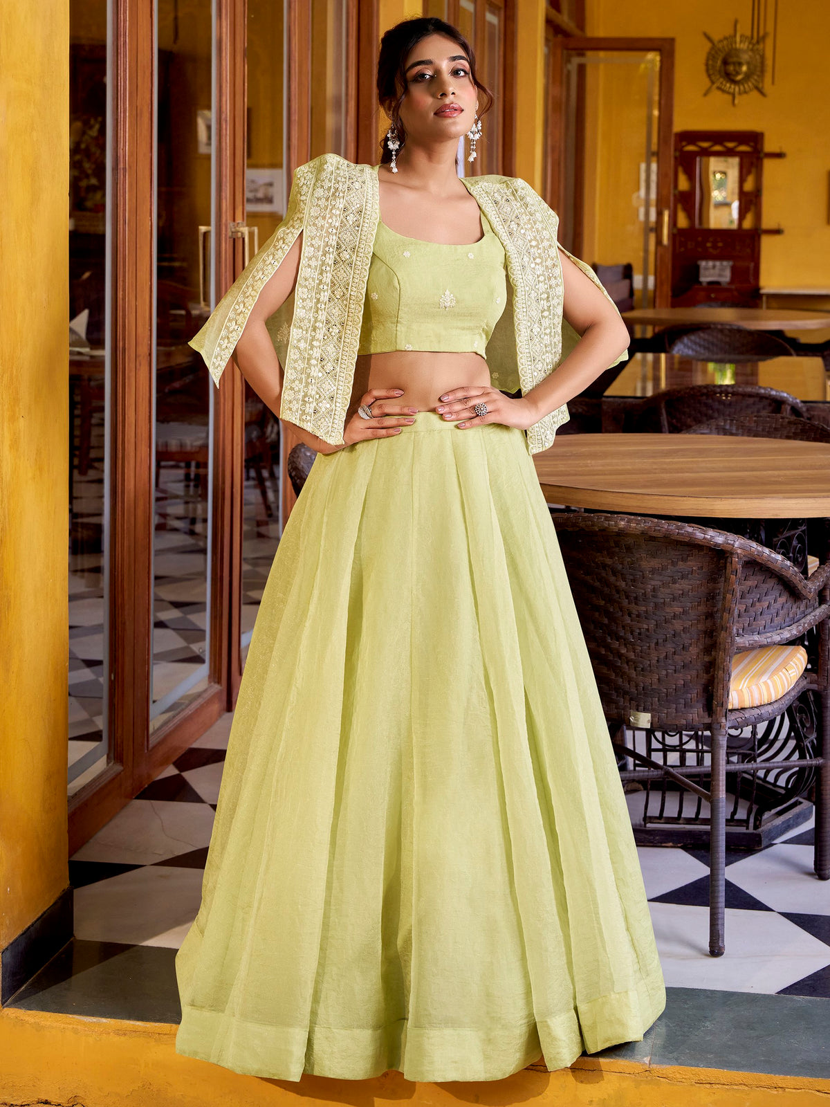 Radiant Pista Green Crushed Crop Top Lehenga With Thread Work Koti