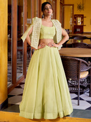 Radiant Pista Green Crushed Crop Top Lehenga With Thread Work Koti