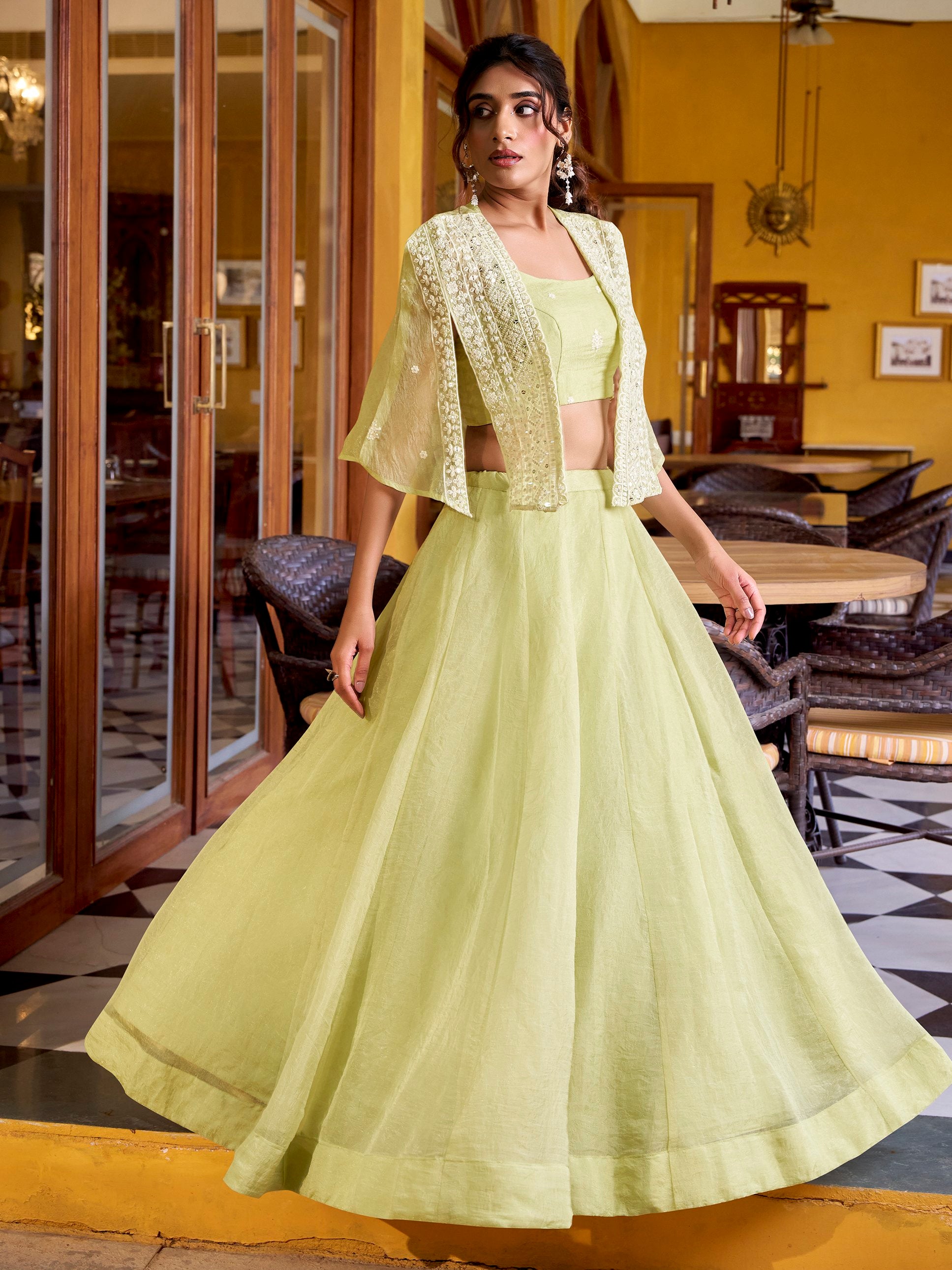 Radiant Pista Green Crushed Crop Top Lehenga With Thread Work Koti