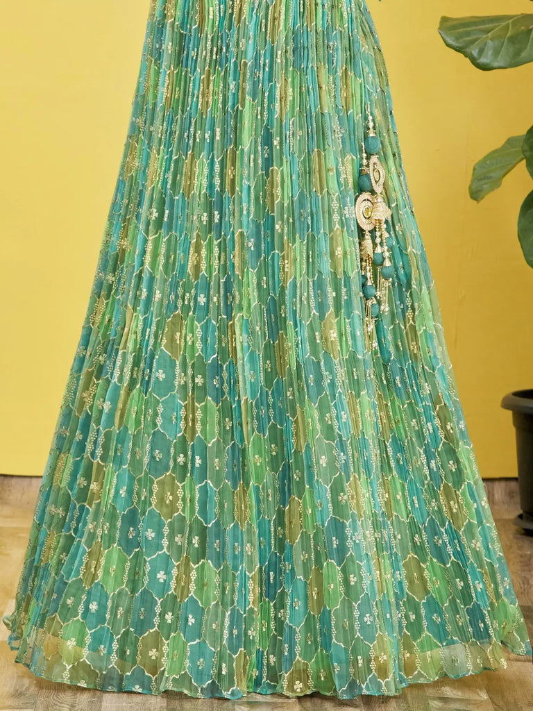 Rocking Green Mirror Work Organza Mehendi Wear Lehenga Choli