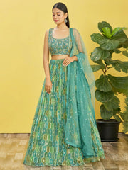 Rocking Green Mirror Work Organza Mehendi Wear Lehenga Choli