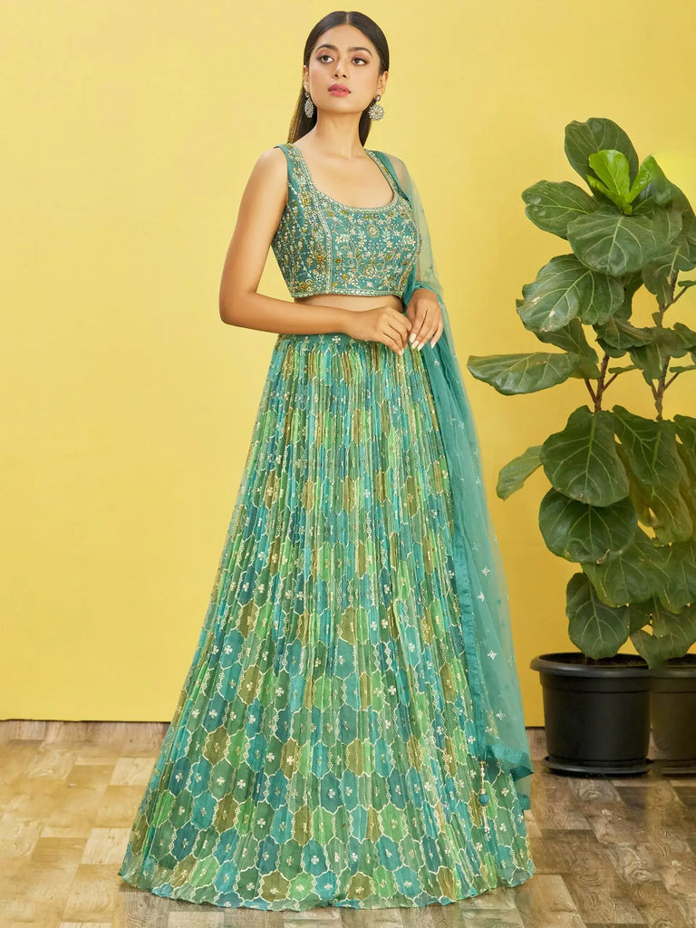 Rocking Green Mirror Work Organza Mehendi Wear Lehenga Choli